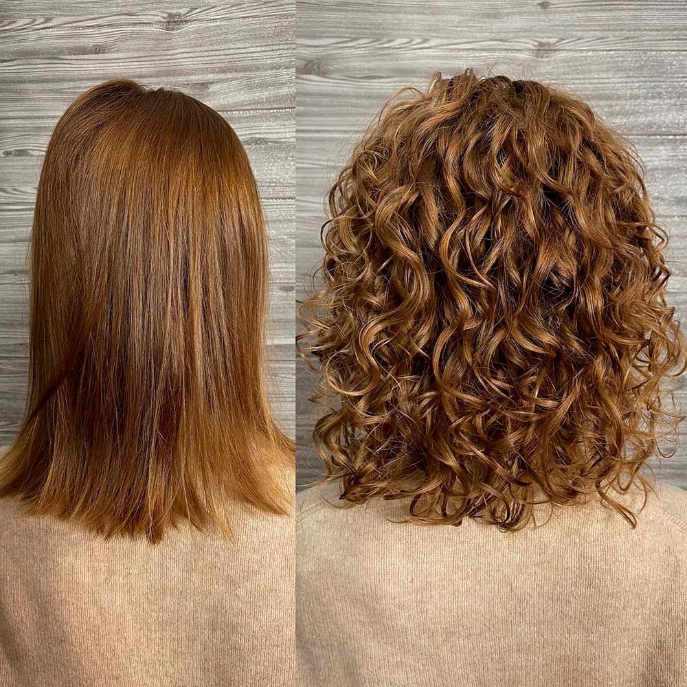 Волосы до и после процедуры химической завивки